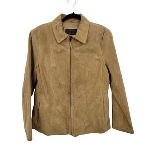 Vtg Womens Siena Camel Suede Genuine Leather Jacket Shacket Sz L Zip Neutral‎